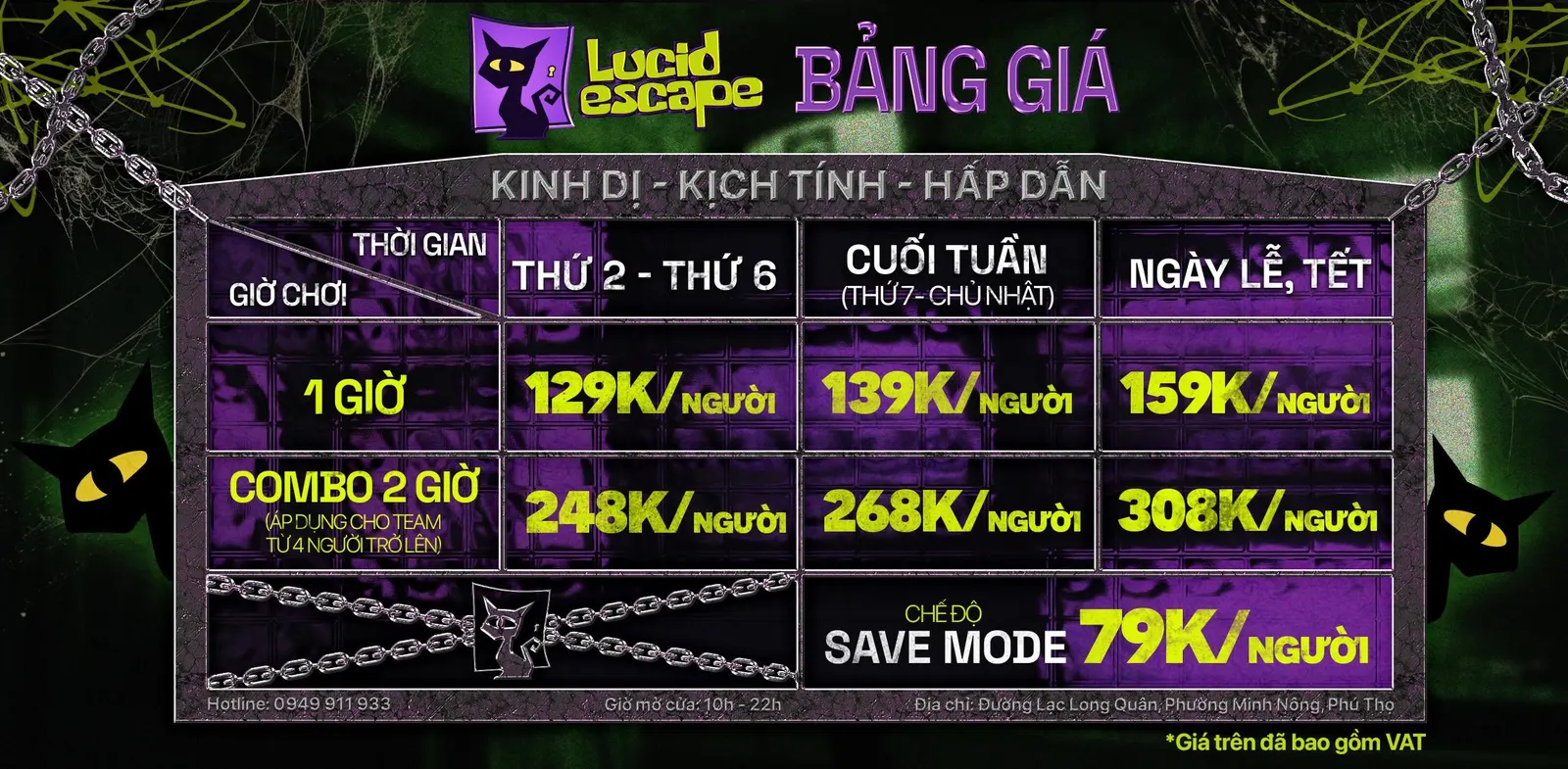 Bảng giá chính thức Lucid Escape: 1 giờ 129K / 139K / 159K; Combo 2 giờ 248K / 268K / 308K; Gói tiết kiệm 79K